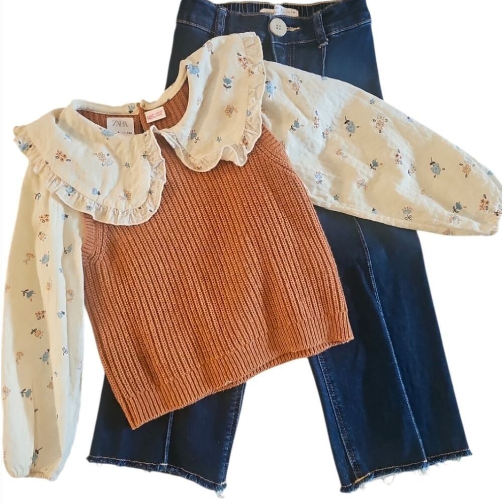 Zara Rust Knit Top with Cream Floral Collar & ZARA JEANS. LIKE NEW! - Picture 2 of 8